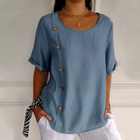 Women's Crew Neck Cotton Blouse with Button Details – Emily