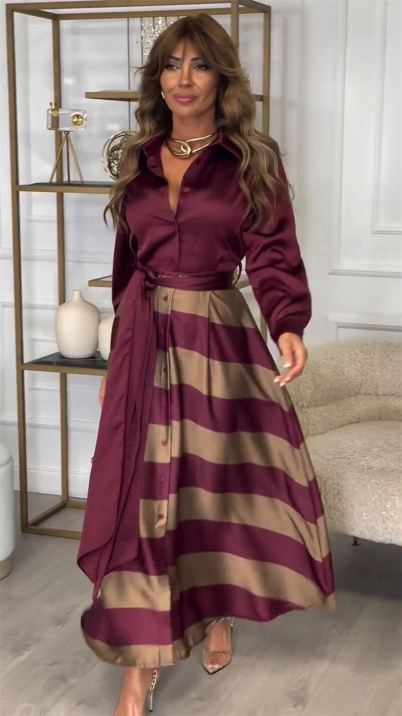 Sophisticated Striped Dress with Elegant Lace Accents – Emily