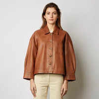 Classic Brown Leather Jacket, Buttoned & Timeless Design – Sophia