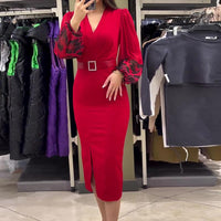 Sleek V-Neck Split Hem Dress for Elegant Wear – Sophia
