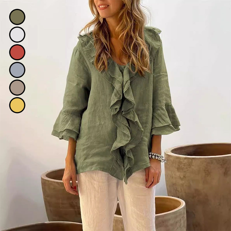 Lightweight Blouse with Ruffle Collar and Bell Sleeves – Emily